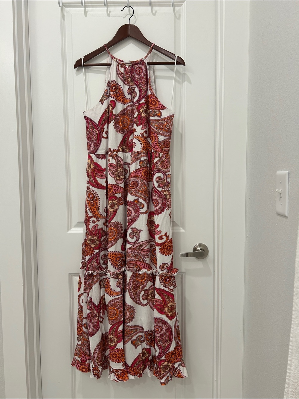 Boho Paisley Maxi Dress in White with Pink & Orange